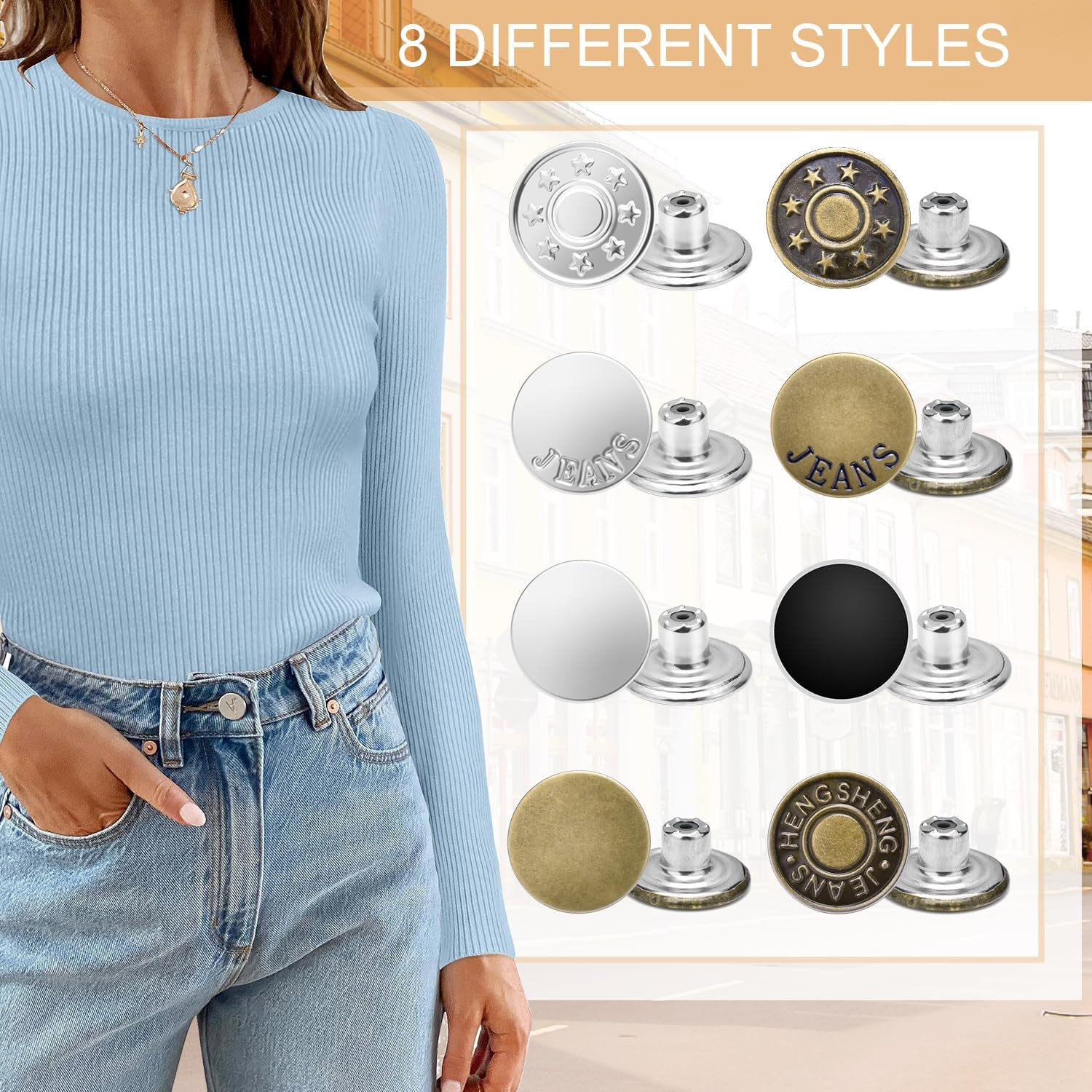 32 Sets 17mm Pants Button Replacement, No-Sew Metal Jean Buttons with Screwdrive