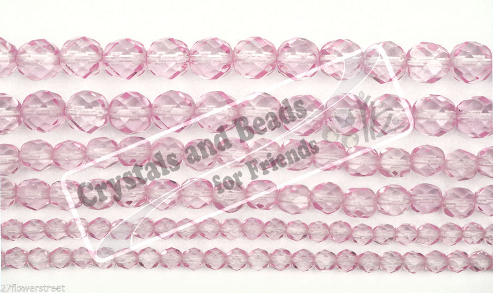 Czech Glass Fire Polished Round Faceted Beads in Crystal Pink Shimmer coated 16″