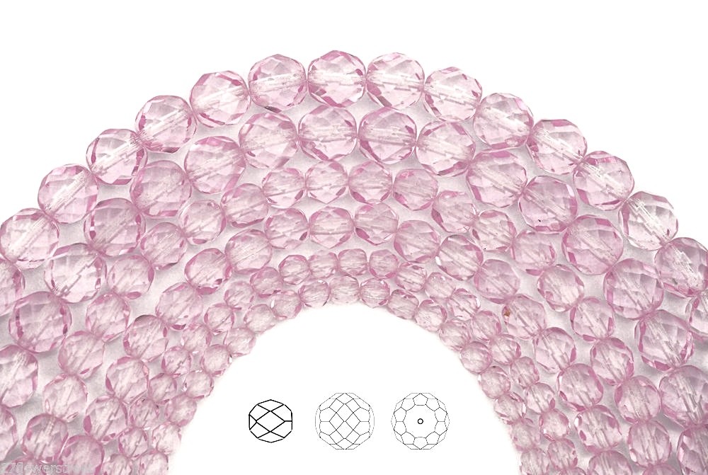 Czech Glass Fire Polished Round Faceted Beads in Crystal Pink Shimmer coated 16″
