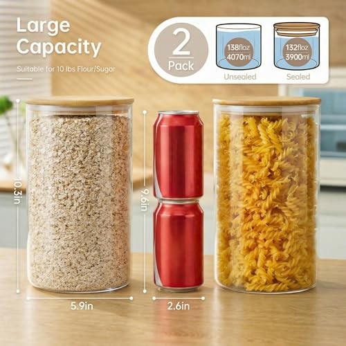 Extra Large Glass Flour and Sugar Storage Containers with 132oz 2 Pack