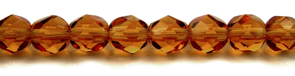 Czech Fire Polished Round Faceted Glass Beads in Medium Topaz, 16” strand, brown