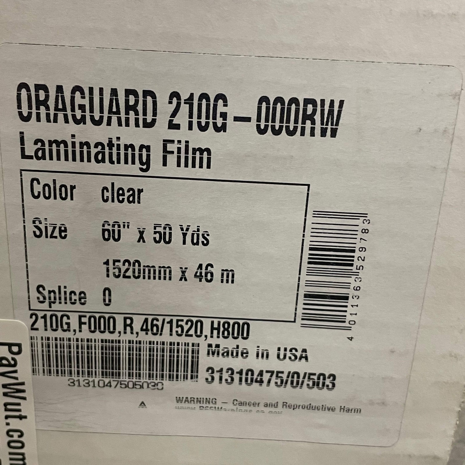 ORAFOL Oragaurd Laminating Film Gloss Clear 60″X50Yds 2.5 Mil Thick 210G-000RW
