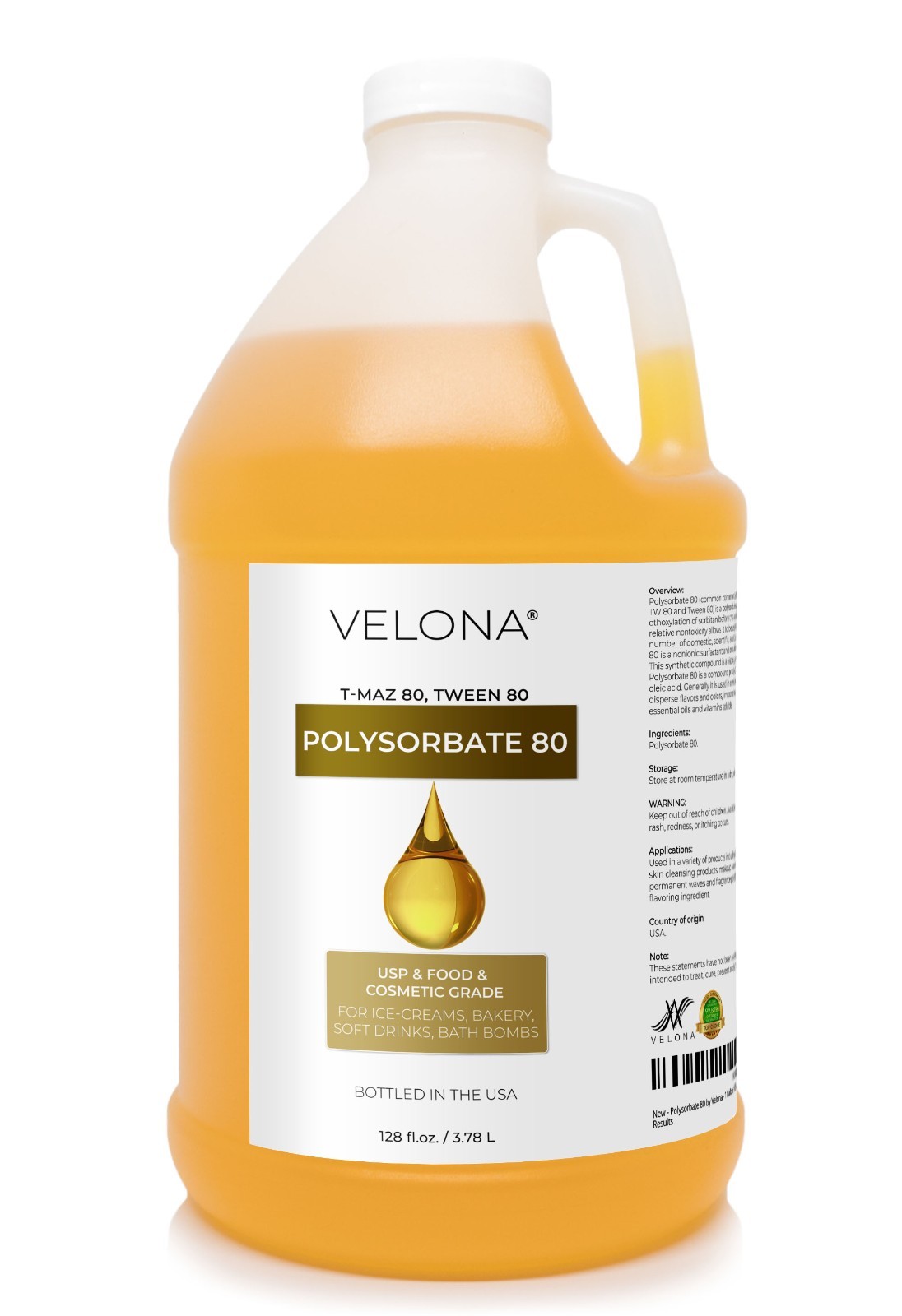 Polysorbate 80 by Velona 2oz-7lb Solubilizer, Food Cosmetic Grade Cooking, Bath