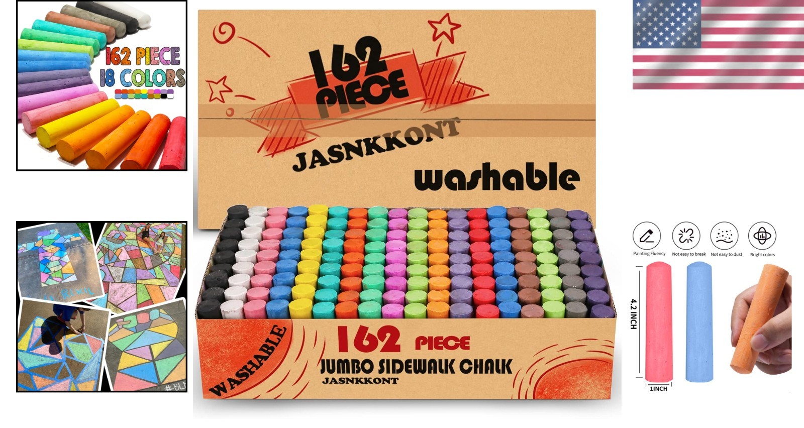 162 Pack of 18 Colors Jumbo Washable Sidewalk Chalk – Non-Toxic Fun for All Ages