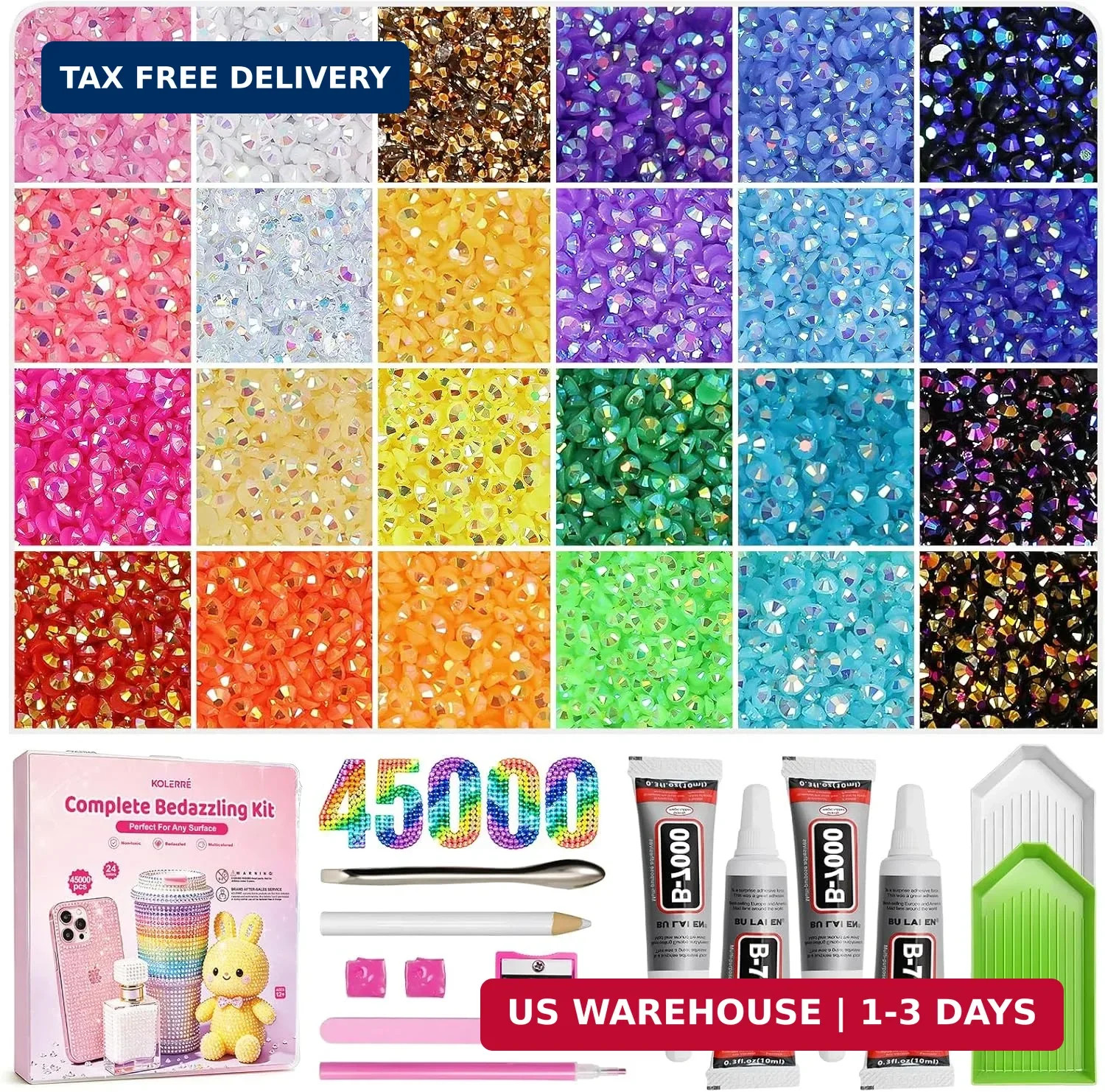 45000Pcs Rhinestones for Bedazzling Kit, 3mm Multicolor Flatback Gems, All-in-on