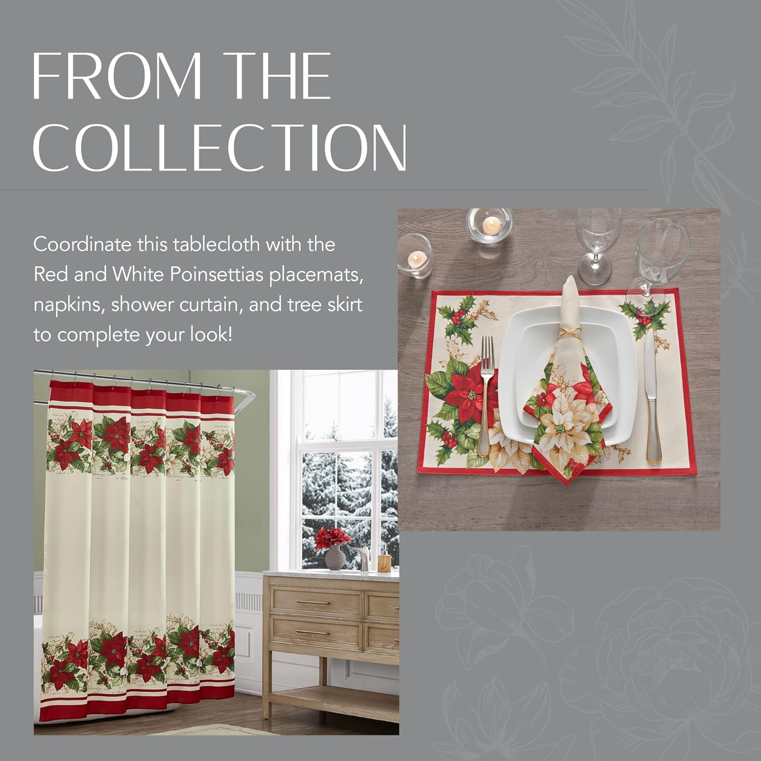 Home Fashions Red and White Poinsettia Holiday Fabric Wrinkle Resistant Tableclo
