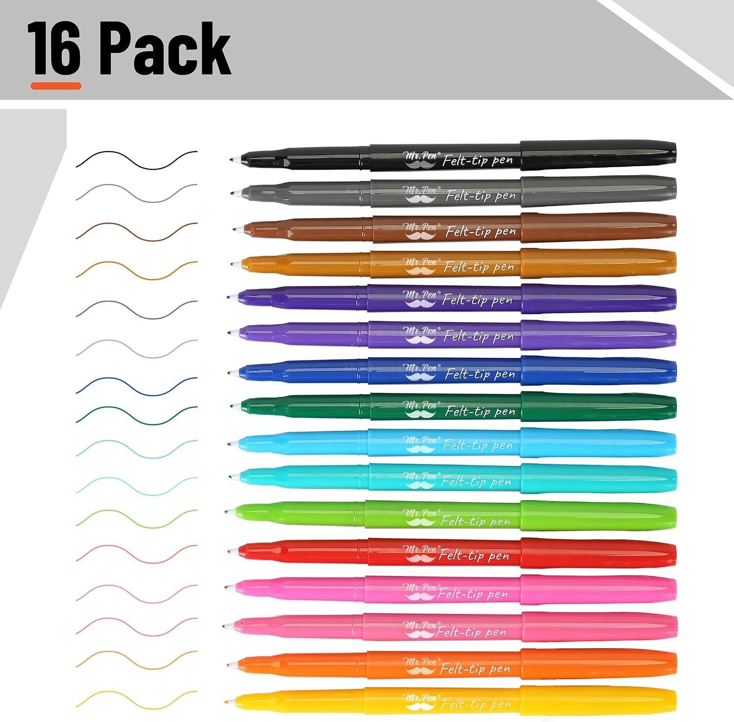 16-Pack High Pigment Felt Tip Pens, Assorted Colors