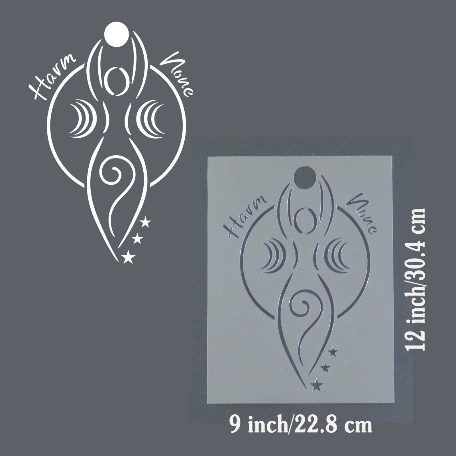 Wiccan Spiral Goddess with moons, Reads: “Harm None” reusable craft STENCIL
