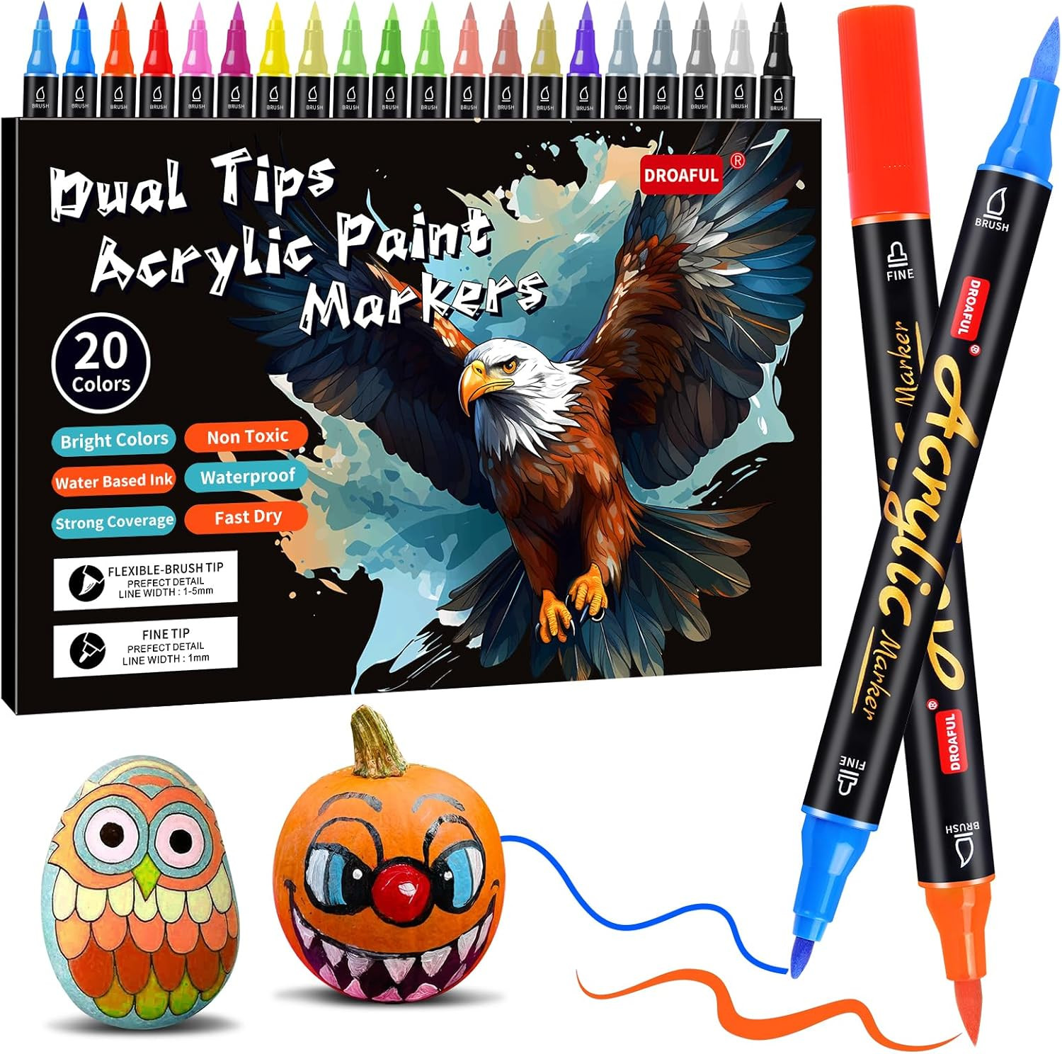 Acrylic Paint Pens Markers, 20 Colors Dual Tips Waterproof Paint Markers for Roc