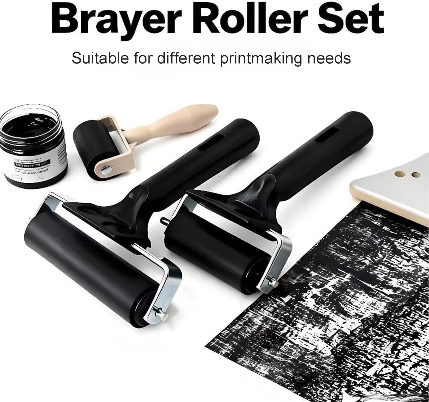 3-Pack Hard Rubber Brayer Rollers 1.4/2.4/4 Inch for Printmaking Ink Stamping