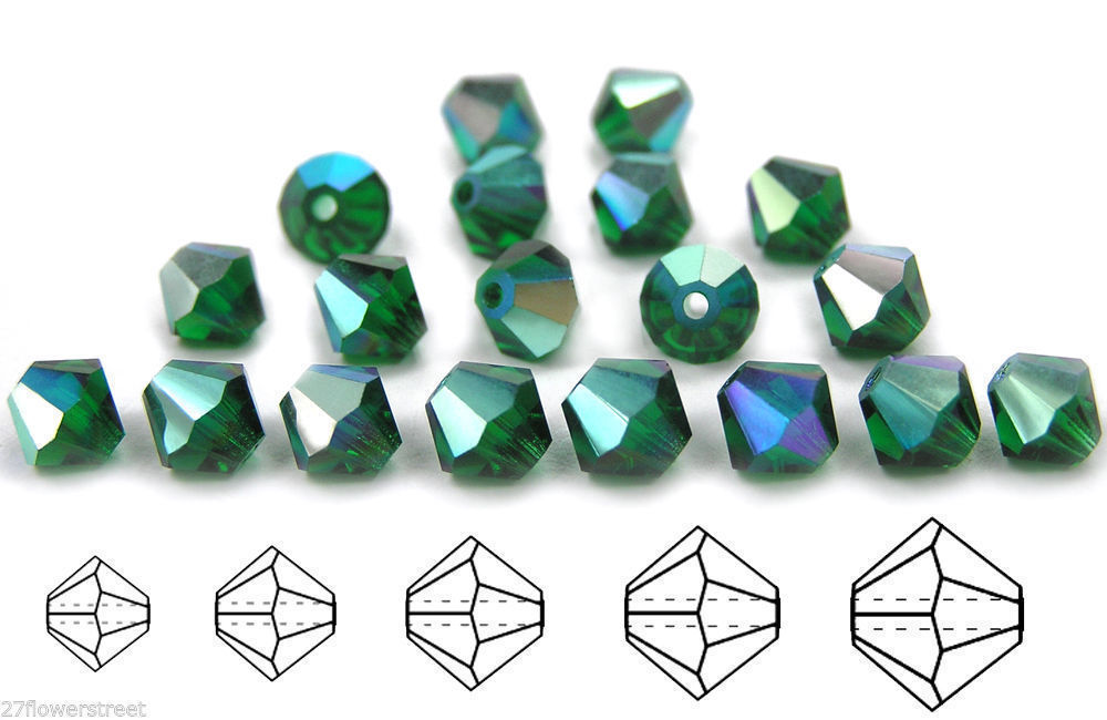 Czech Bicone Crystal Beads Medium Emerald AB green Rondelle Diamond