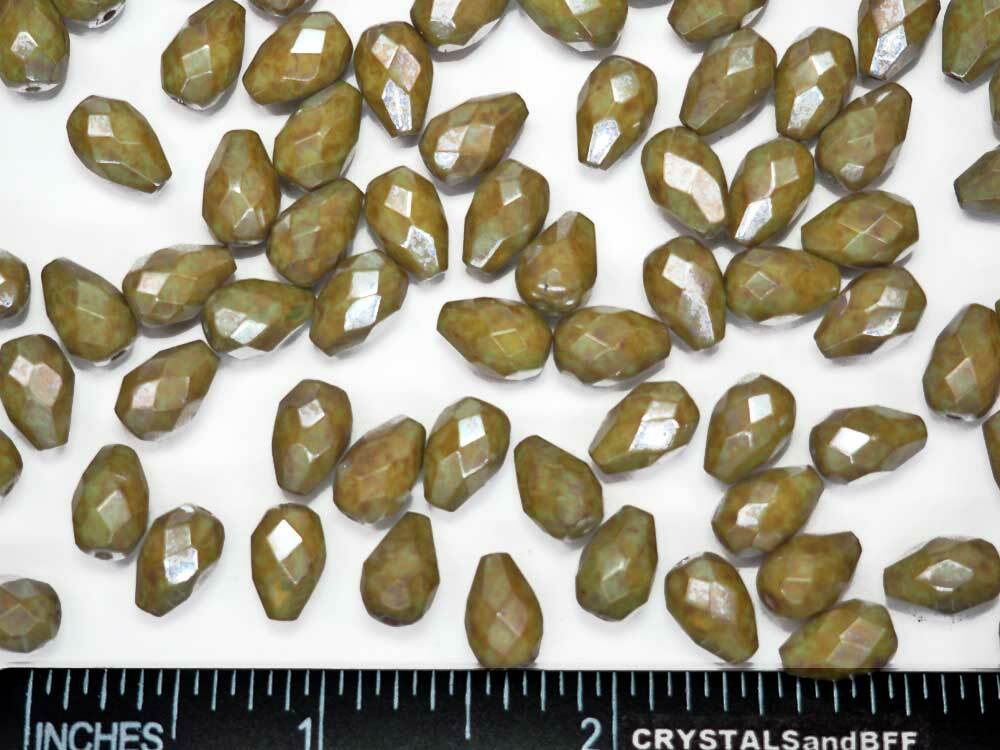 50 Czech Glass Pear Shaped FP Beads 10x7mm Green Marmor Opaque Tear Drops, P398