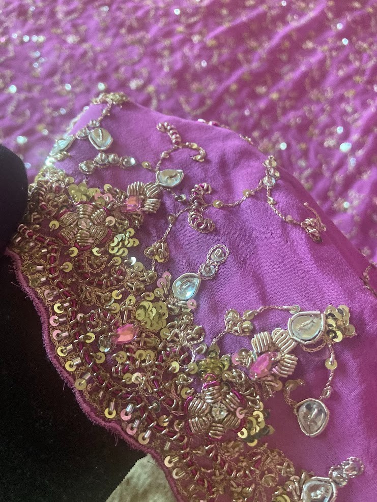 Vintage Indian Orchid Lavender Scarf Zardozi Gold Sequin Kundan Dupatta 100×44