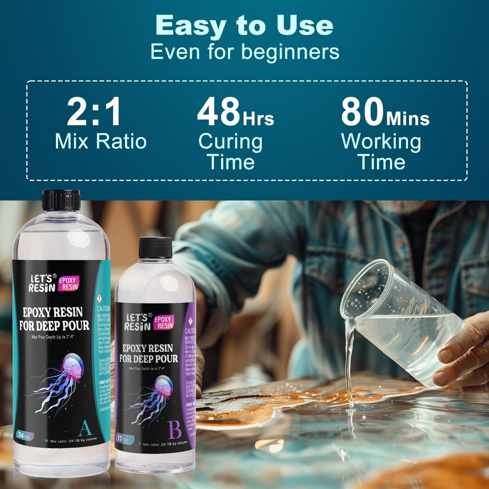 EPOXY RESIN Deep Pour Epoxy Resin, 51OZ 2-4 inch Clear Epoxy Resin Kit,Bubble…