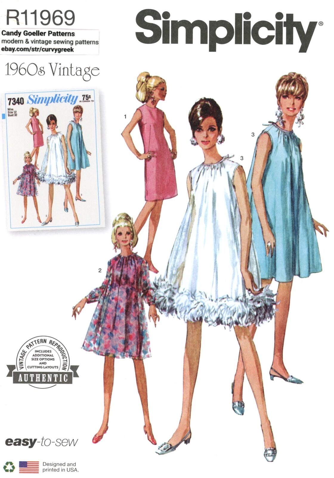 Simplicity R11969 Vintage 60s Swing Tent Dress w Feather Trim Opt Sz 8-16 S9848