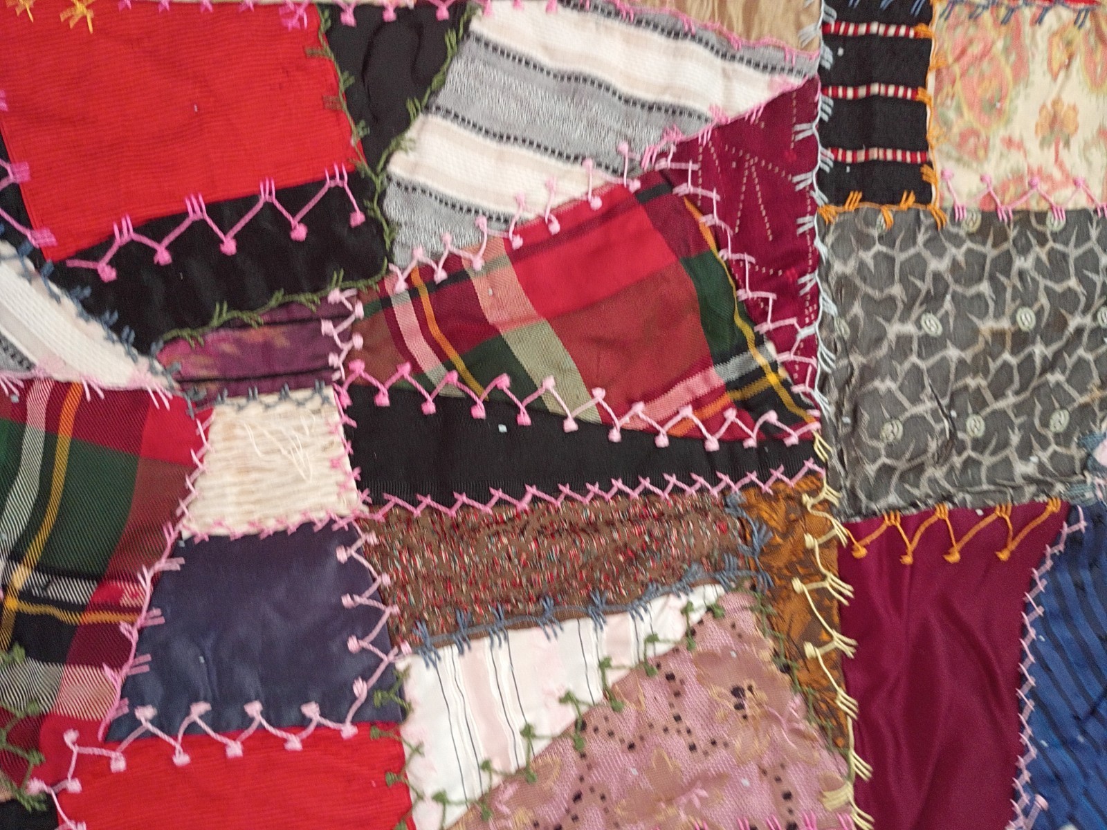 Crazy Quilt Throw Art Heirloom Fabric Abstract Embroidery Skillfully Made