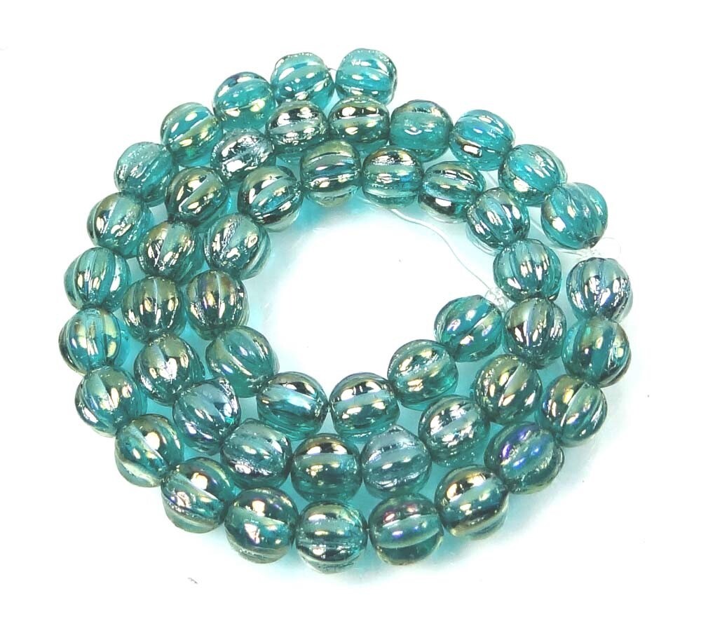 50 Czech Glass Melon Round Beads 5mm – Luster Iris – Atlantis Blue