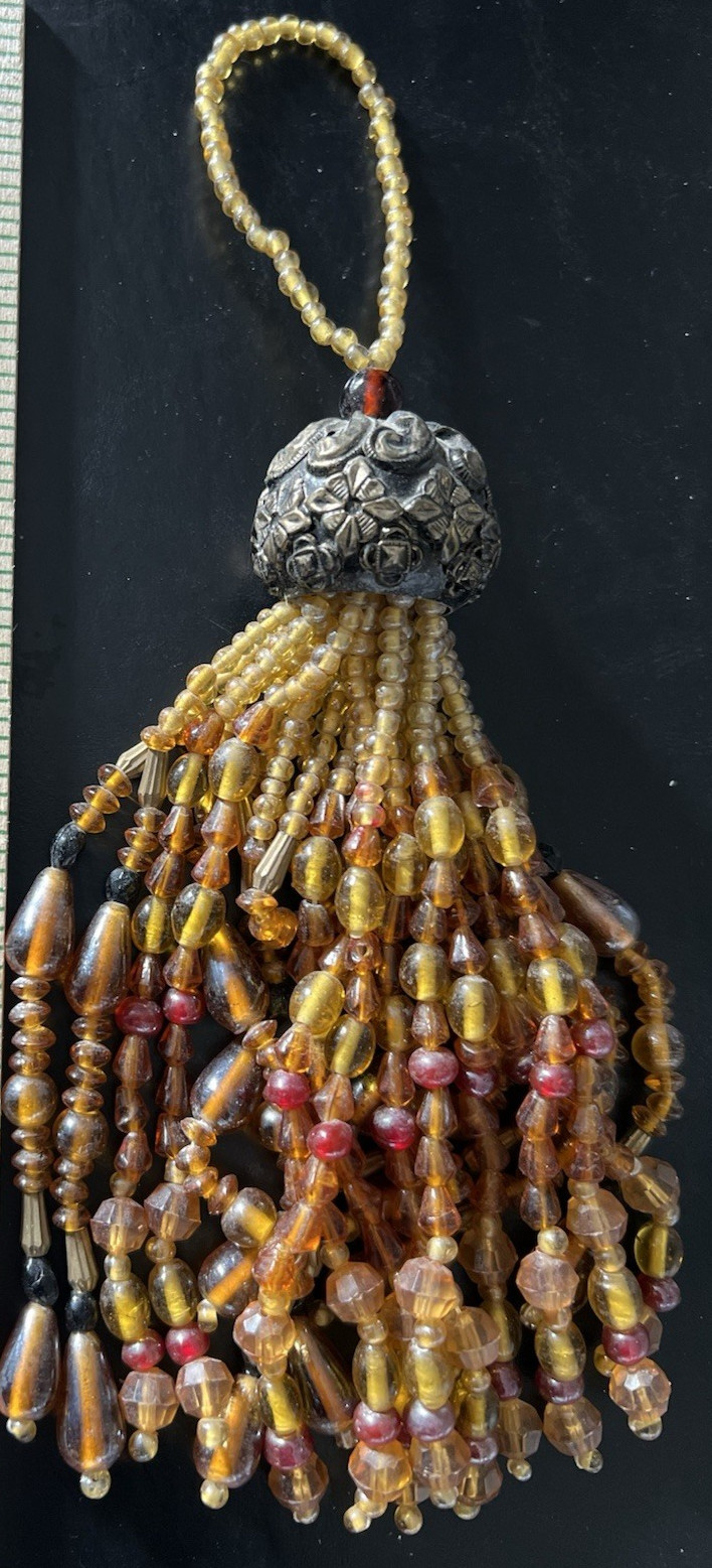 Amber glass gold tones warm Color Heavy Beaded Tassel Holiday ornament rich 7″