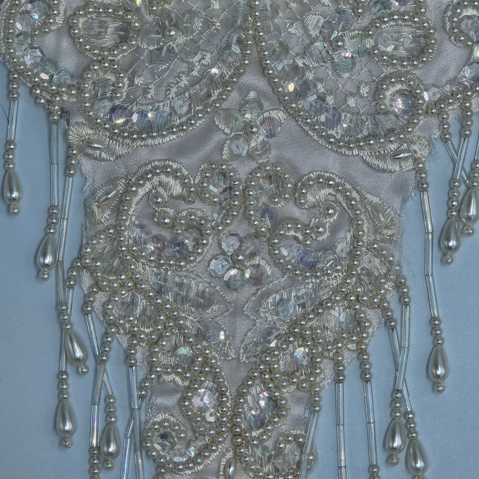 Vintage Ivory Beaded Bridal Applique Pearl Sequin Bodice Trim with Fringe Lace