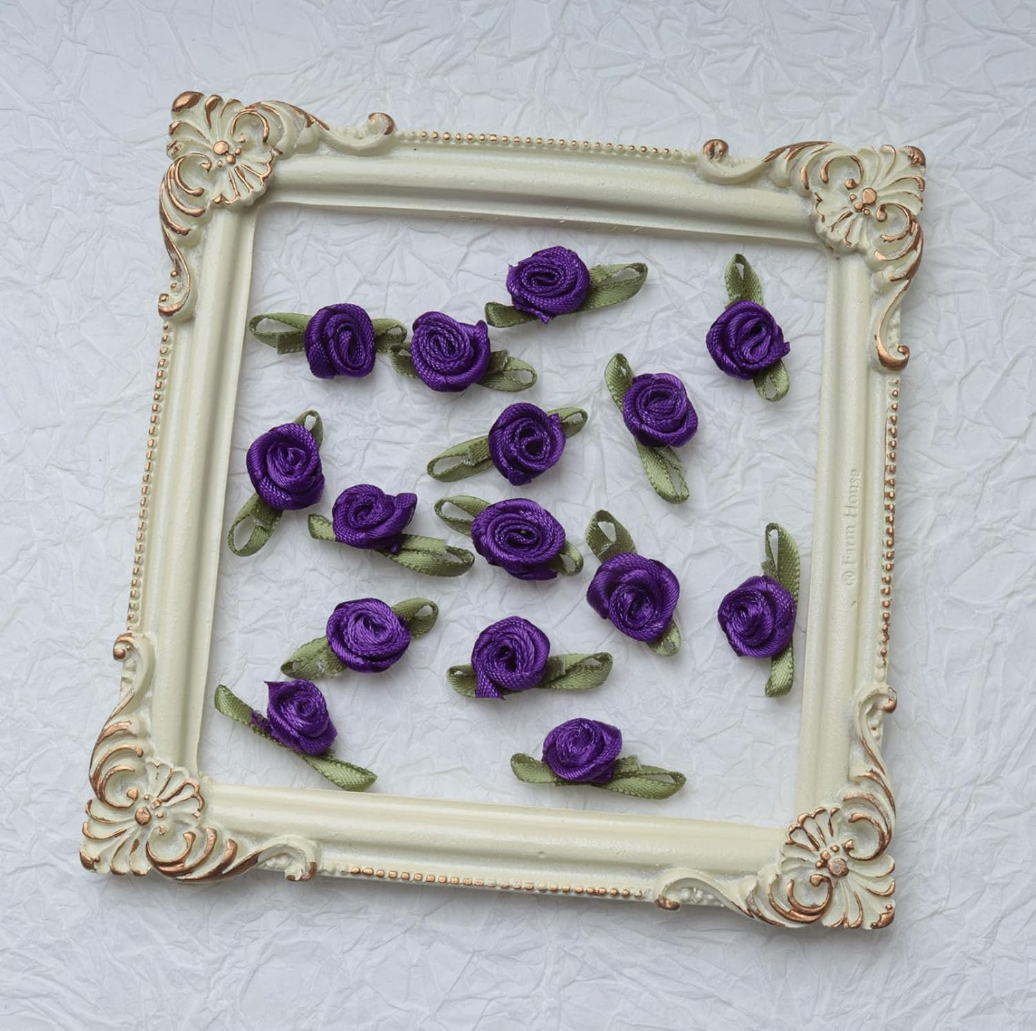 50 Pcs Satin Roses with Green Leaves Mini Cute Ribbon Bows Fabric Artificial Flo