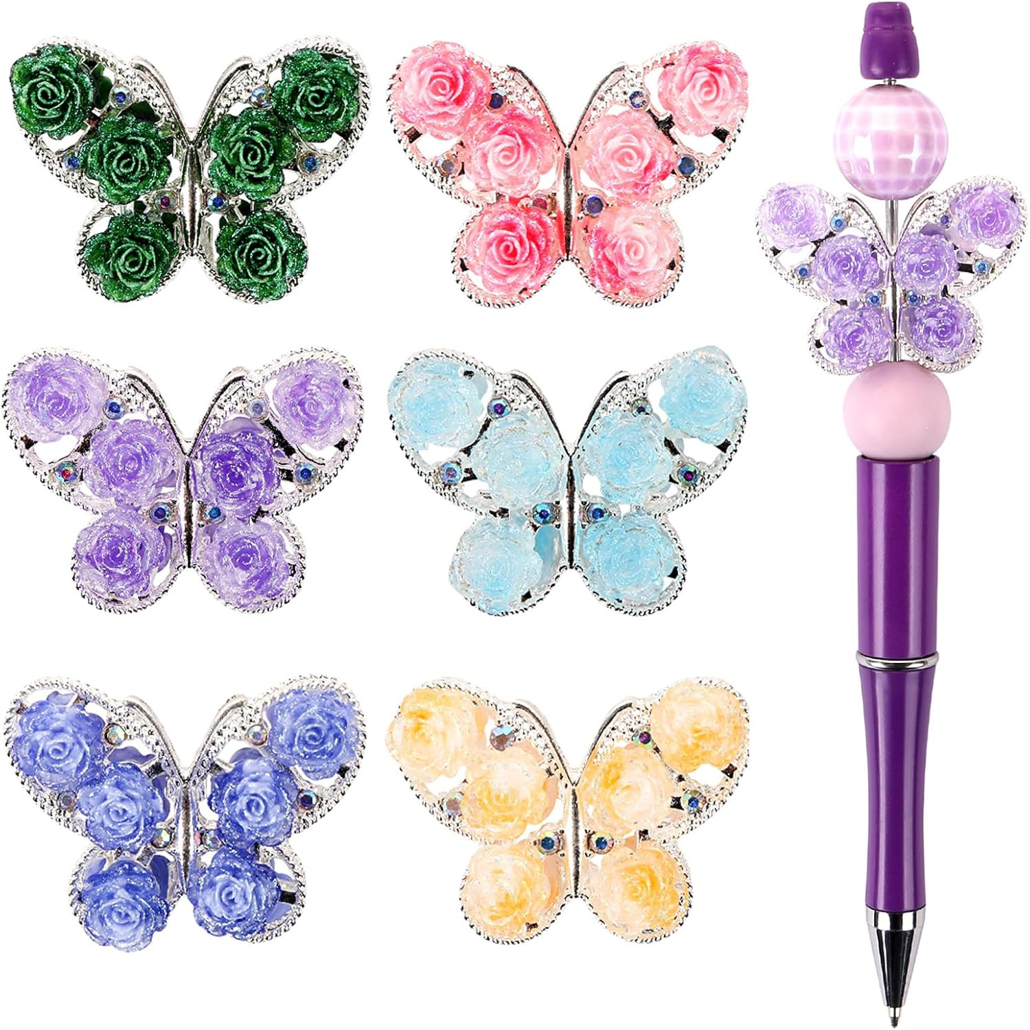 6Pcs Butterfly Flower Focal Beads for Pens Colorful Rose Butterfly Fancy Spacer