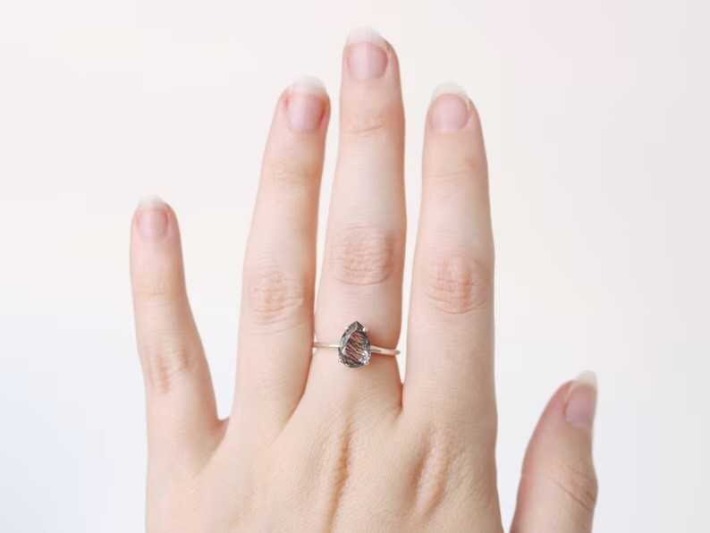 Pear Shaped Black Rutile Quartz Ring – Minimalist Silver Ring for Her