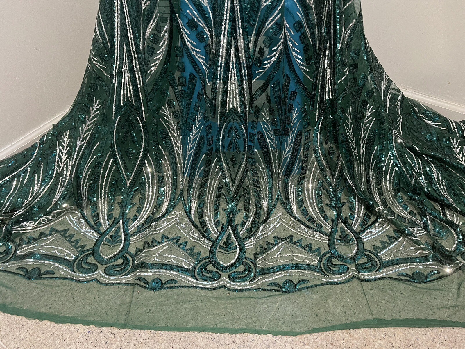 GREEN SILVER Embroidered SEQUINS Lace fabric 50” Width Sold By The Yard