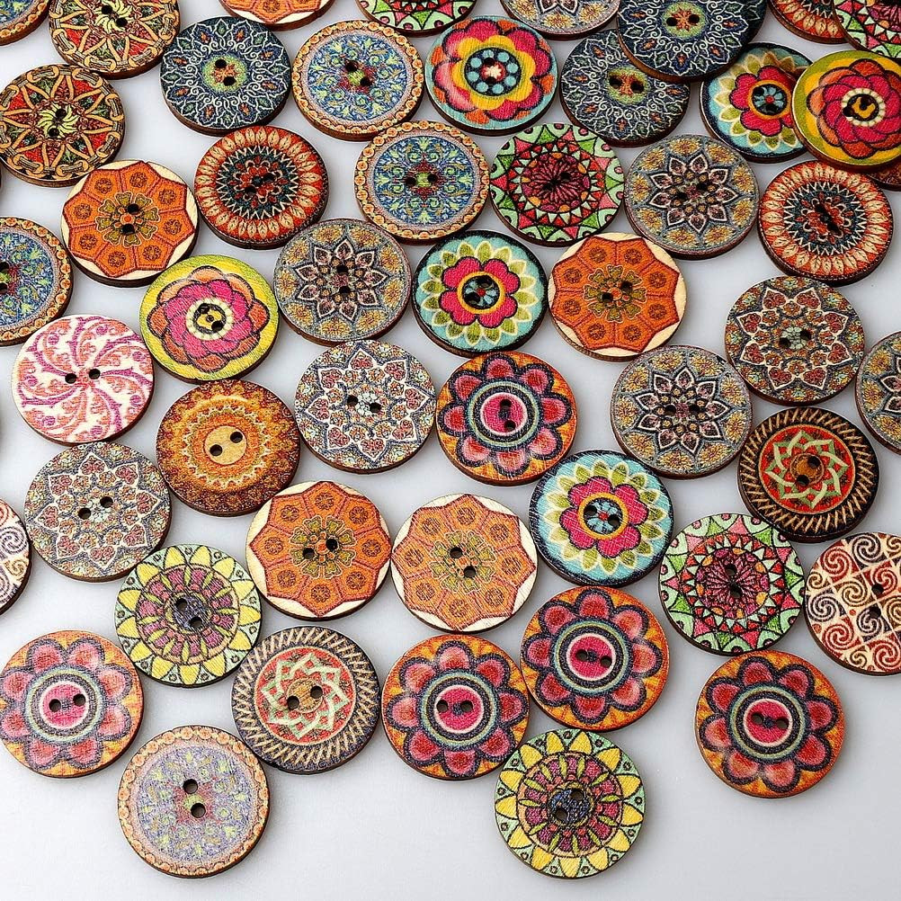 Eubags 100 Pcs Mixed Color Wood Buttons, 1 Inch Natural round Shapes Retro Vinta