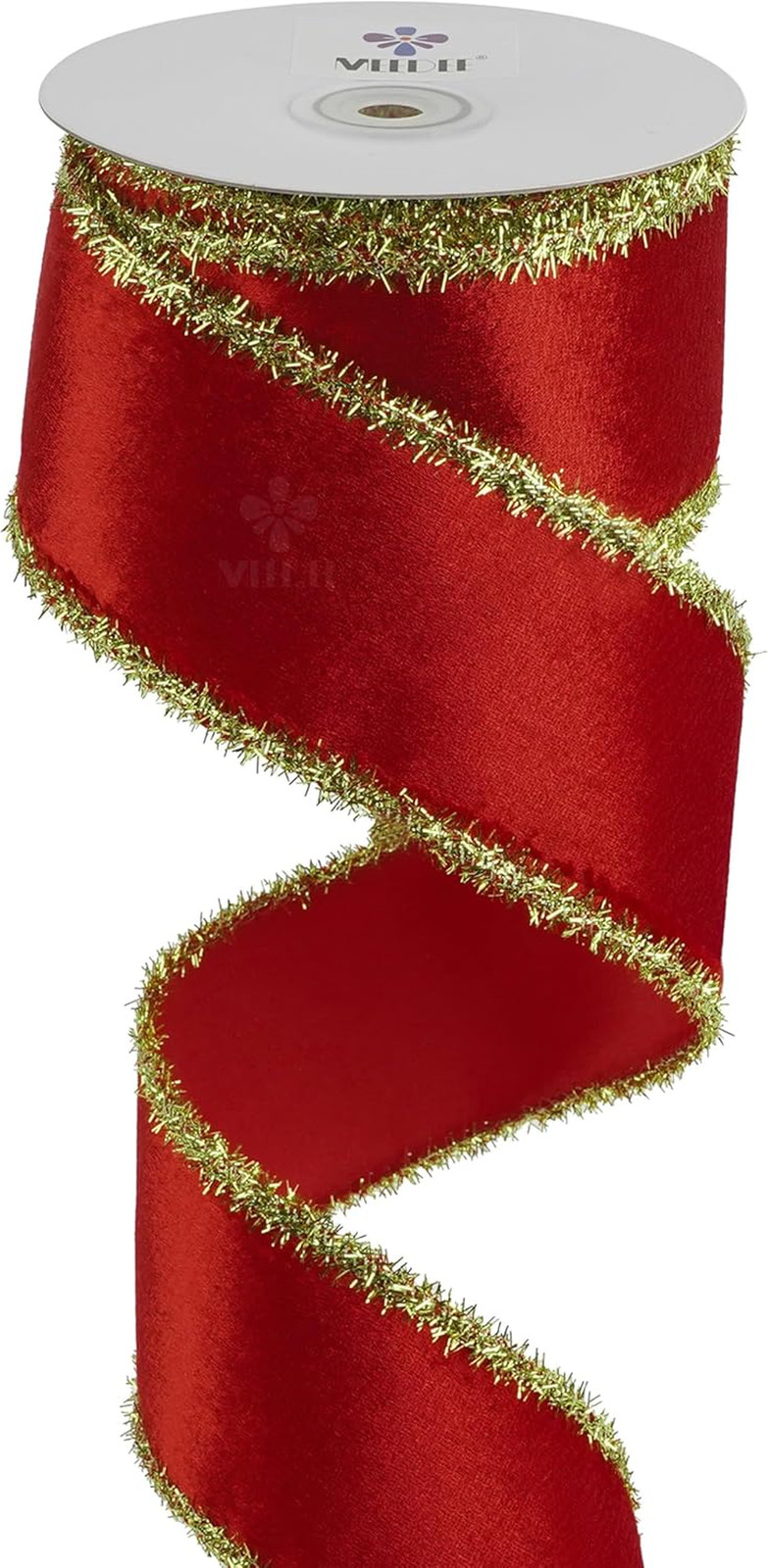 Red Velvet Gold Tinsel Edge Ribbon – 2.5 Inch Christmas Tinsel 10 Yards Spool fo