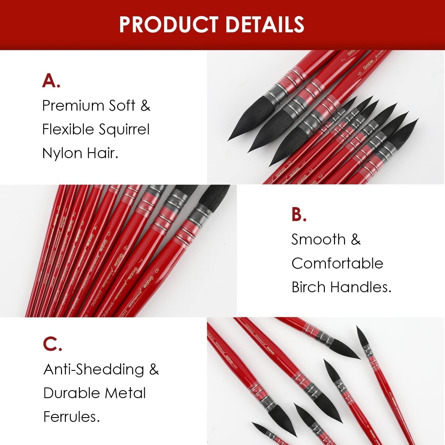 9 Pcs Professional Watercolor Synthetic Squirrel Hair Mop Paint Brushes Sz 0-8