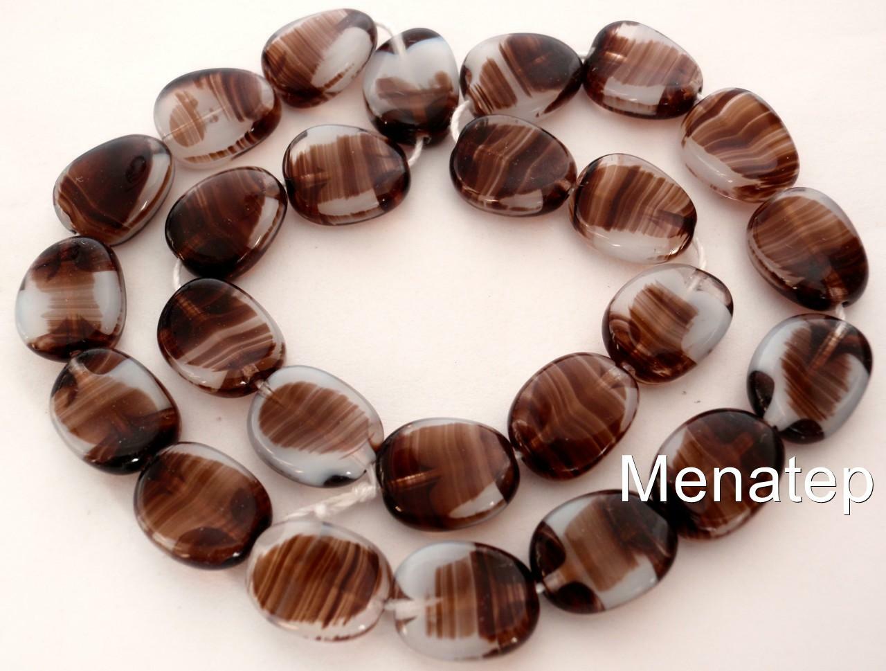 25 12 x 9 mm Czech Glass Twisted Flat Oval Beads: Brown/White
