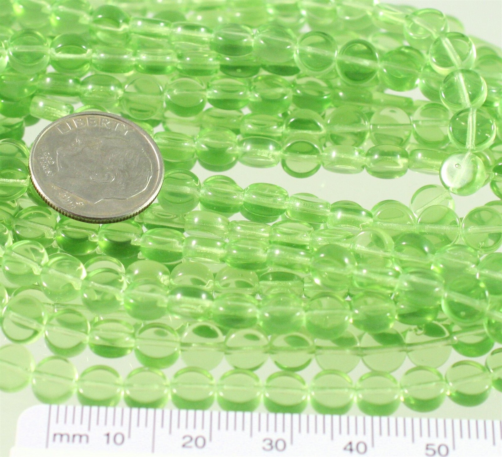 100 Czech Pressed Glass Transparent Peridot Green 6mm Flat Coin Beads 0.8mm Hole