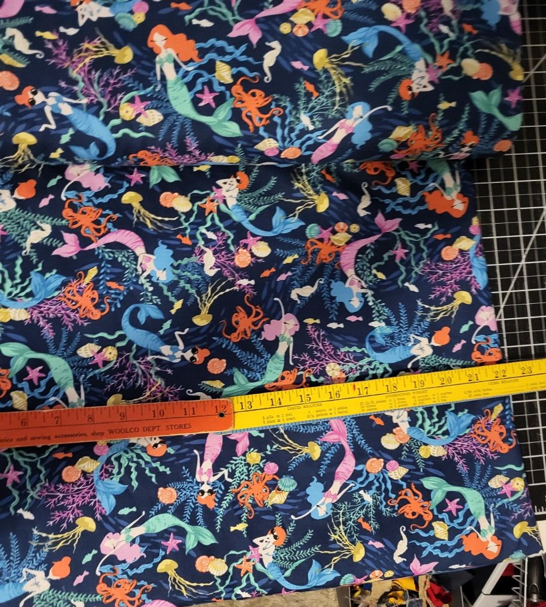 Mermaids sea life Studio E cotton quilting fabric bty navy bl bkgrd colorful FS