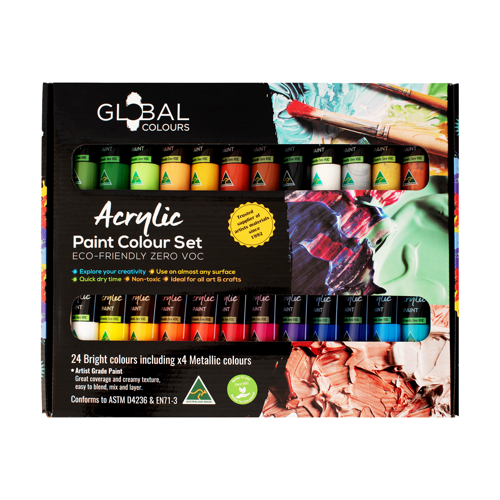 GLOBAL COLOURS Acrylic Paint Set – 24 x 36ml Tubes – Artist Quality, Waterproof