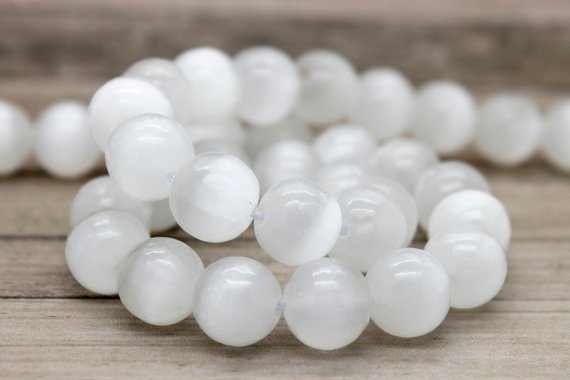 Rare Natural White Cat’s Eye Round Sphere Polished Gemstone Beads 15″