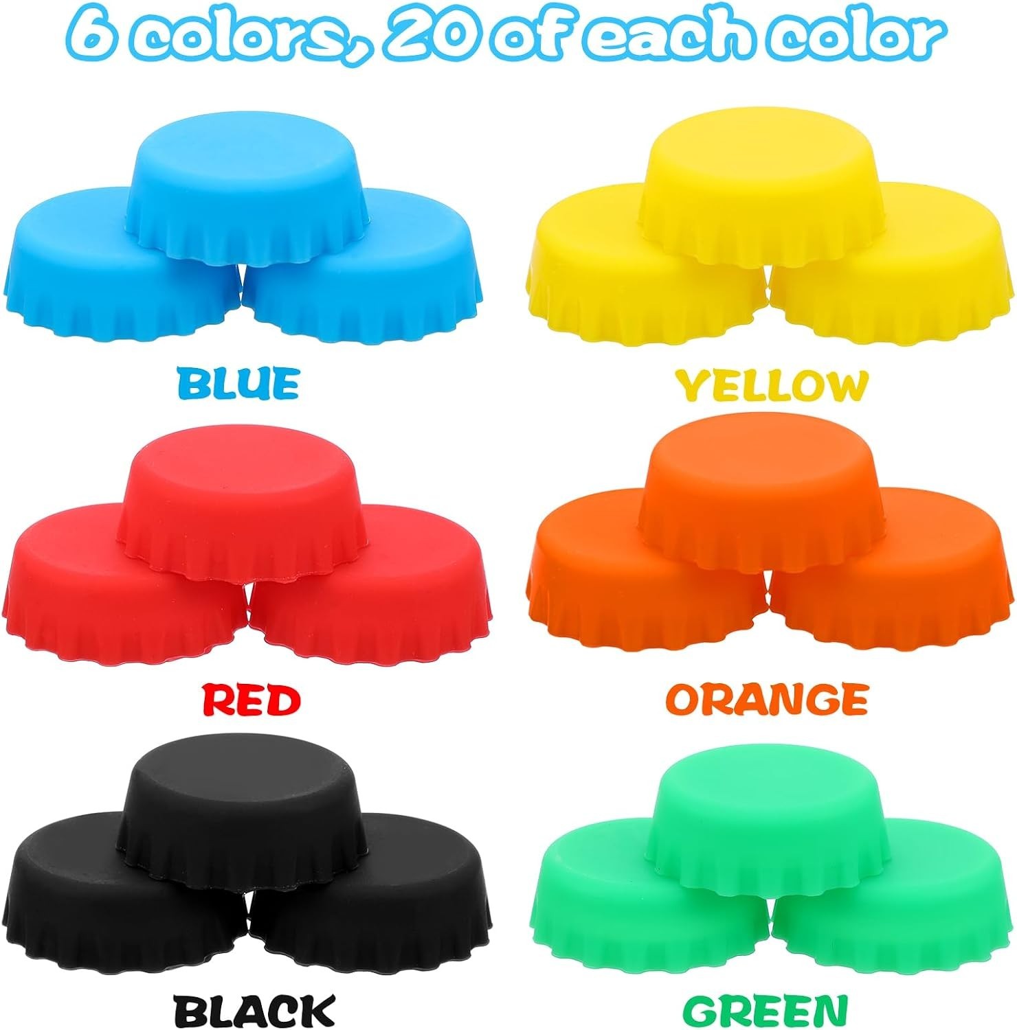 120 PCS Silicone Rubber Bottle Caps, Red, Orange, Yellow, Green, Black, Blue