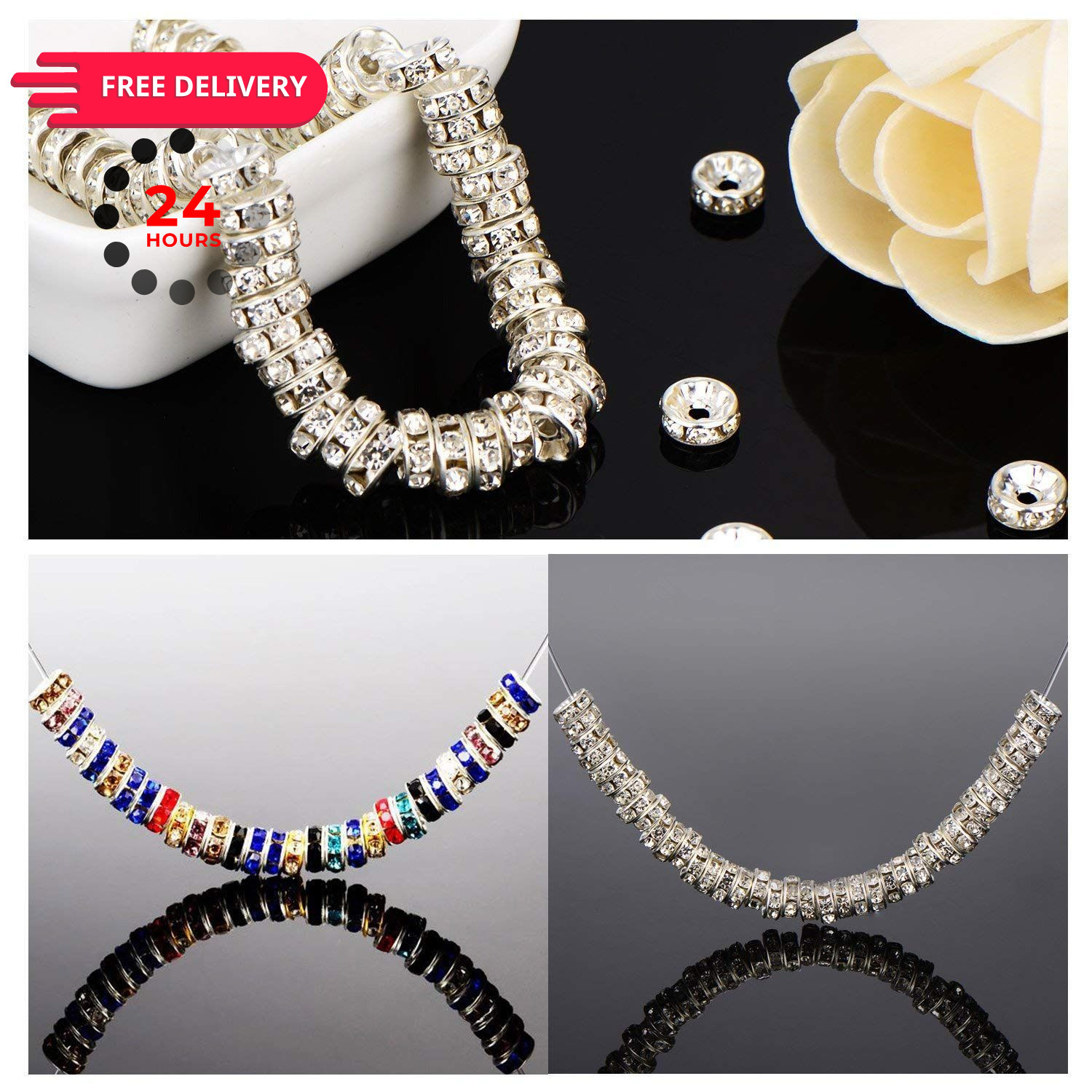 Allb 100Pcs Rondelle Spacer Beads 8mm Silver Plated Czech Crystal 8mm, silver