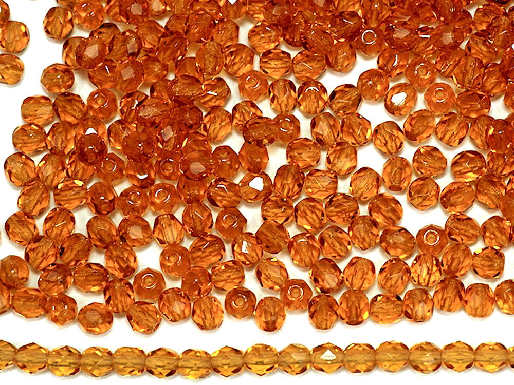 Czech Fire Polished Round Faceted Glass Beads in Topaz color, 16” golden brown