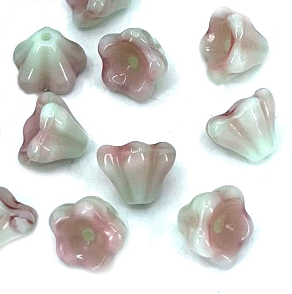 20 Czech Glass Baby Bell Flower Beads – Pistachio / Raspberry Swirl 8x6mm