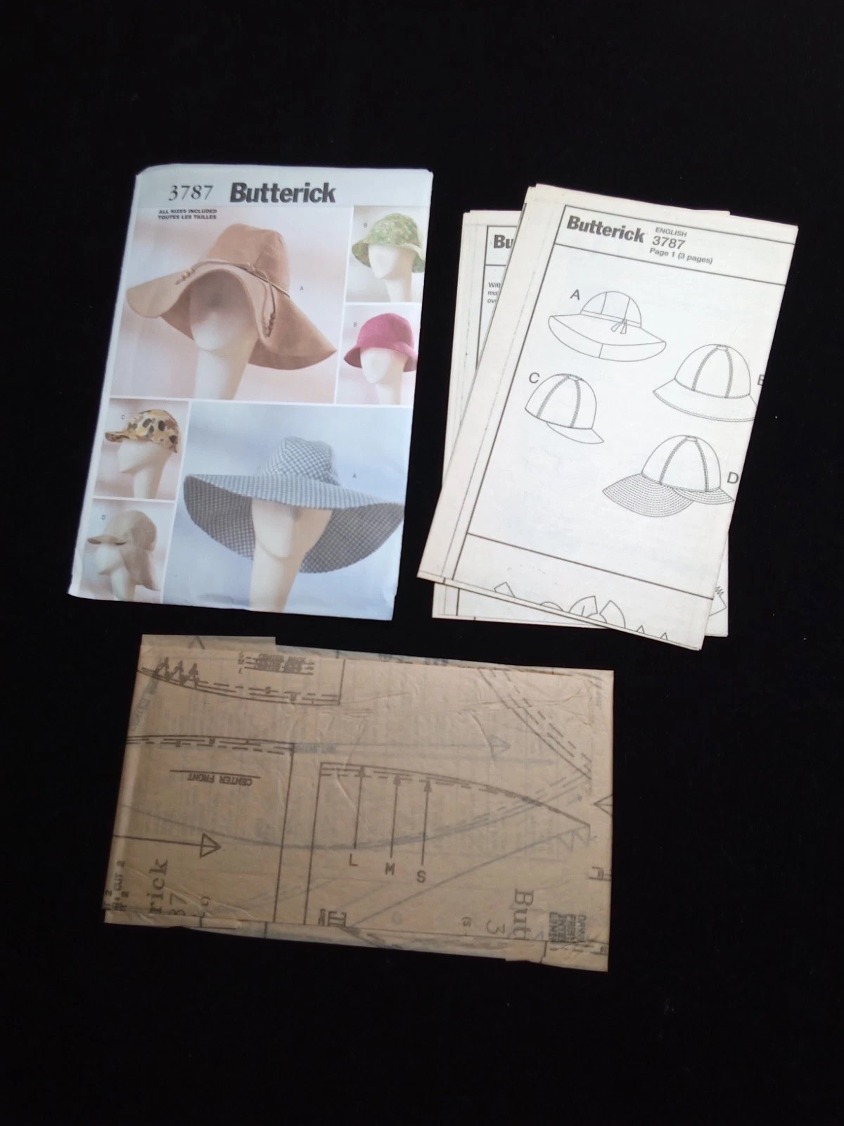 BUTTERICK UNCUT Pattern 3787 All Sizes SML Lined Hats Caps Floppy 4 Styles