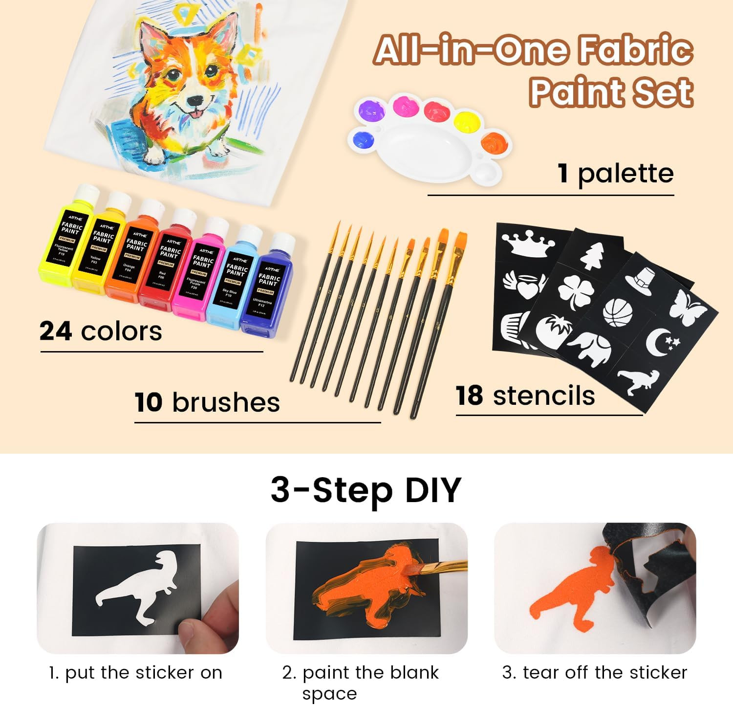 24 Colors Fabric Paint (60Ml/2Oz), Permanent Soft Fabric Paint Set with 10 Brush