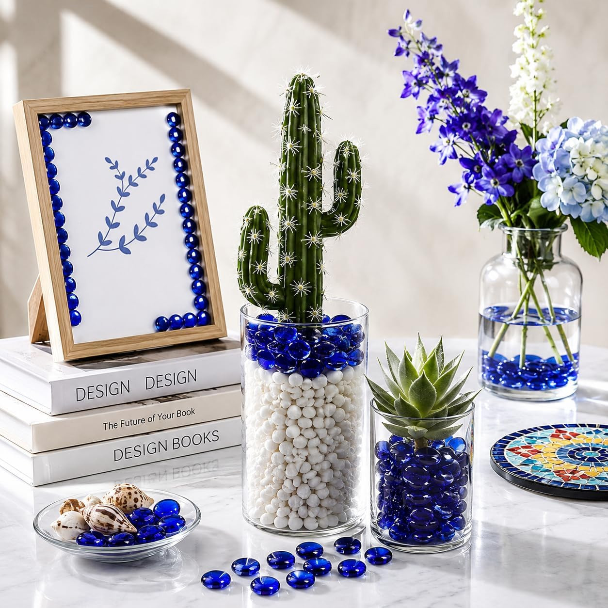 1LB Blue Flat Glass Marbles, Beads for Vase Filler – Decorative Glass