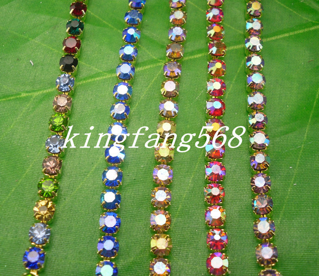 2-10yard Crystal Glass Rhinestone Compact Close Golden Chain Trims Applique SS16