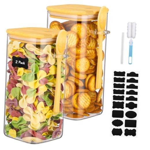 Glass Jars with Bamboo Lids and Spoons – 53 Fl.oz Square Pasta 53 fl.oz 2 Pack