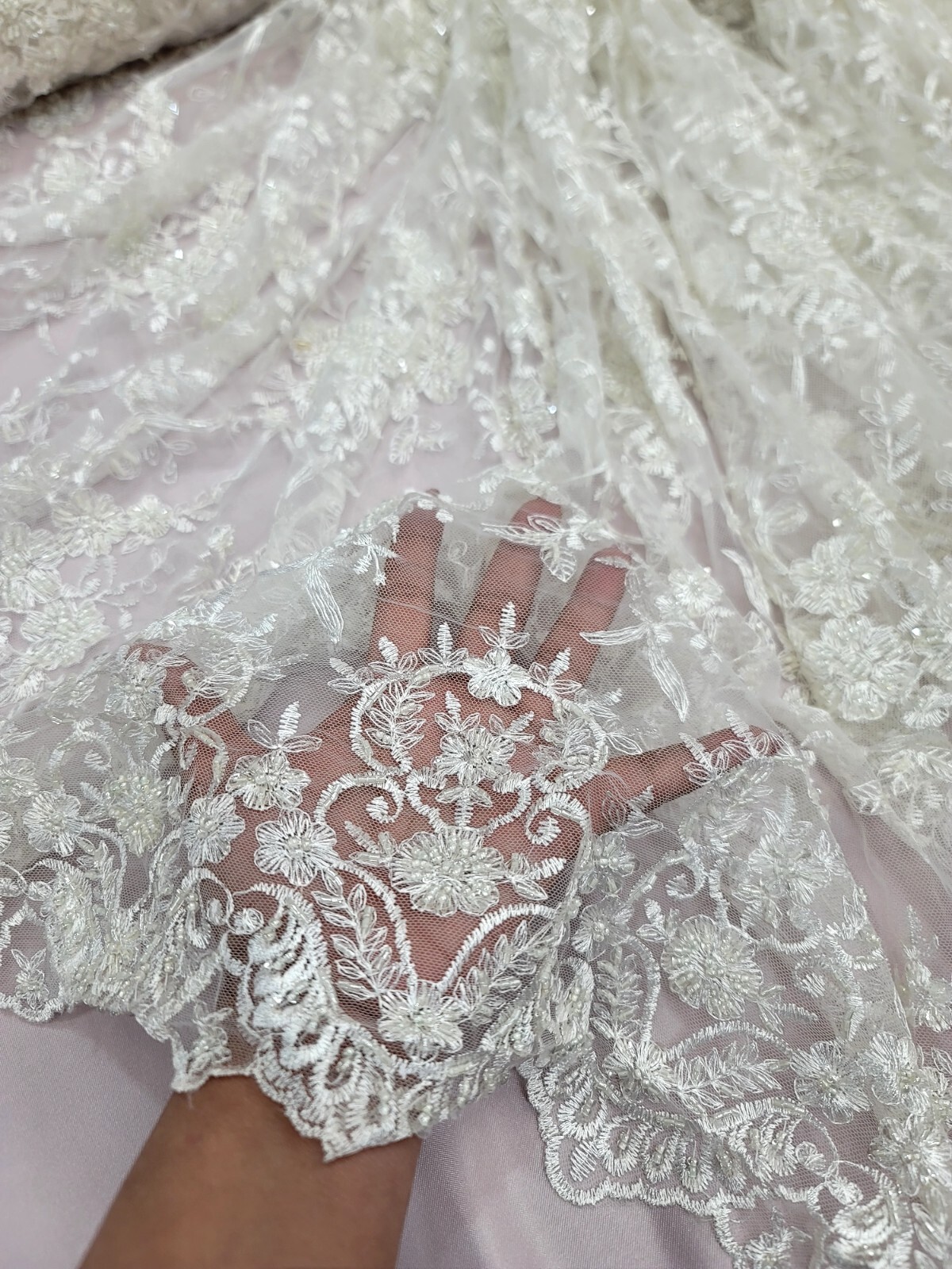 OFF WHITE Beaded Embroidery Bridal Lace Fabric By The Yard Wedding Fabric Scallo