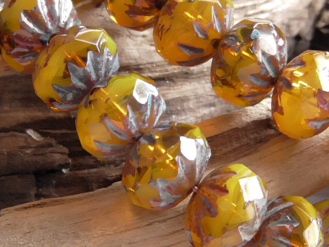15 – 10x7mm CZECH YELLOW OPALINE BUTTERSCOTCH PICASSO FACETED CRULLER GLASS BEAD