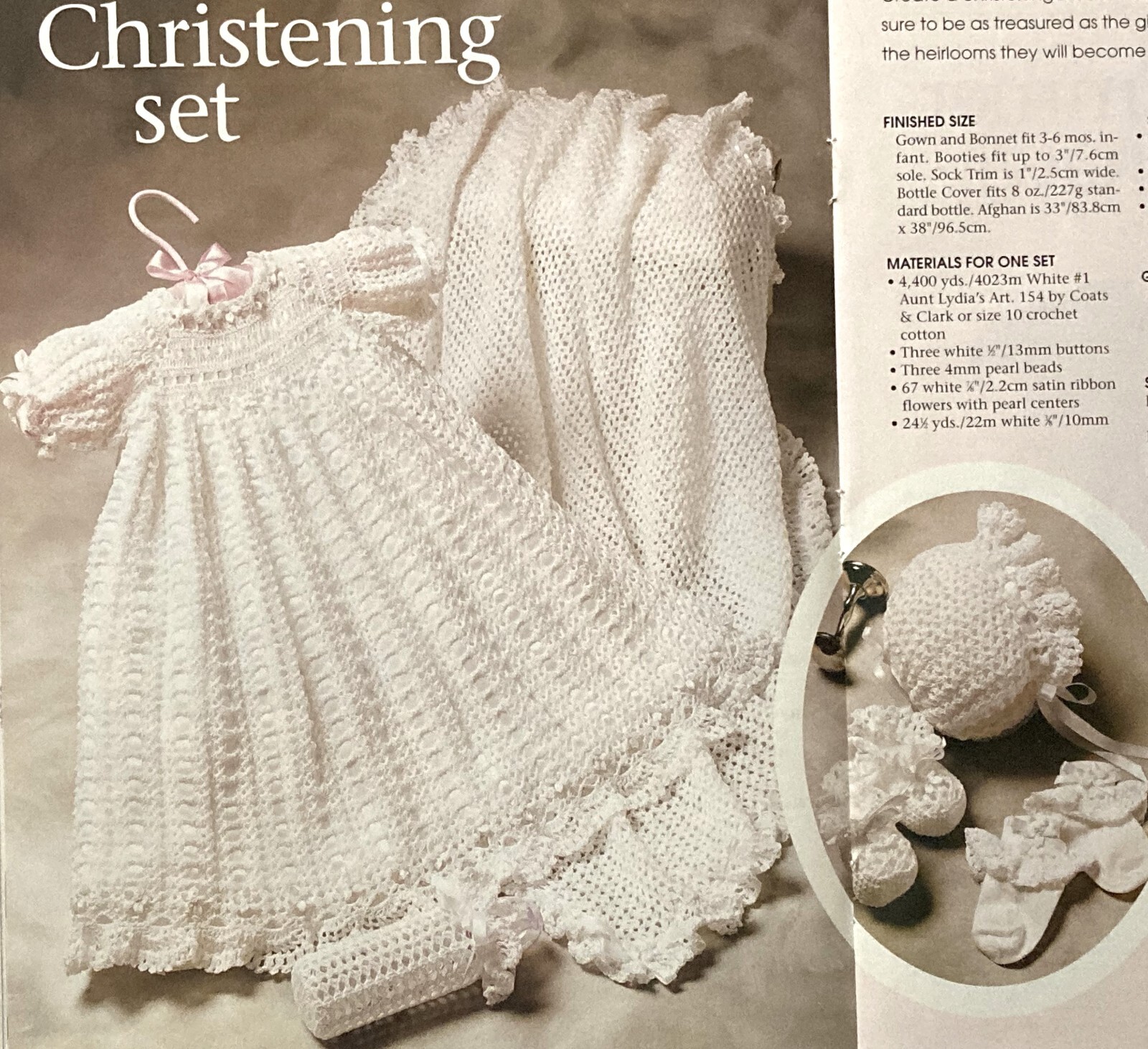 Christening Set to crochet: infant, 3-6 months, gown, bonnet, booties, blanket