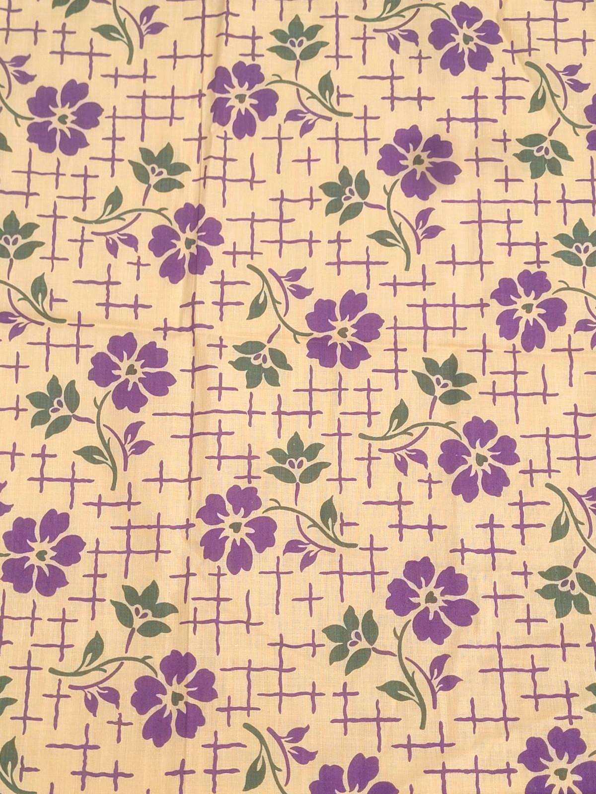 3.5 yds VTG Purple Flowers Green Trellis Tan Cotton Blend Fabric 35″ Wide