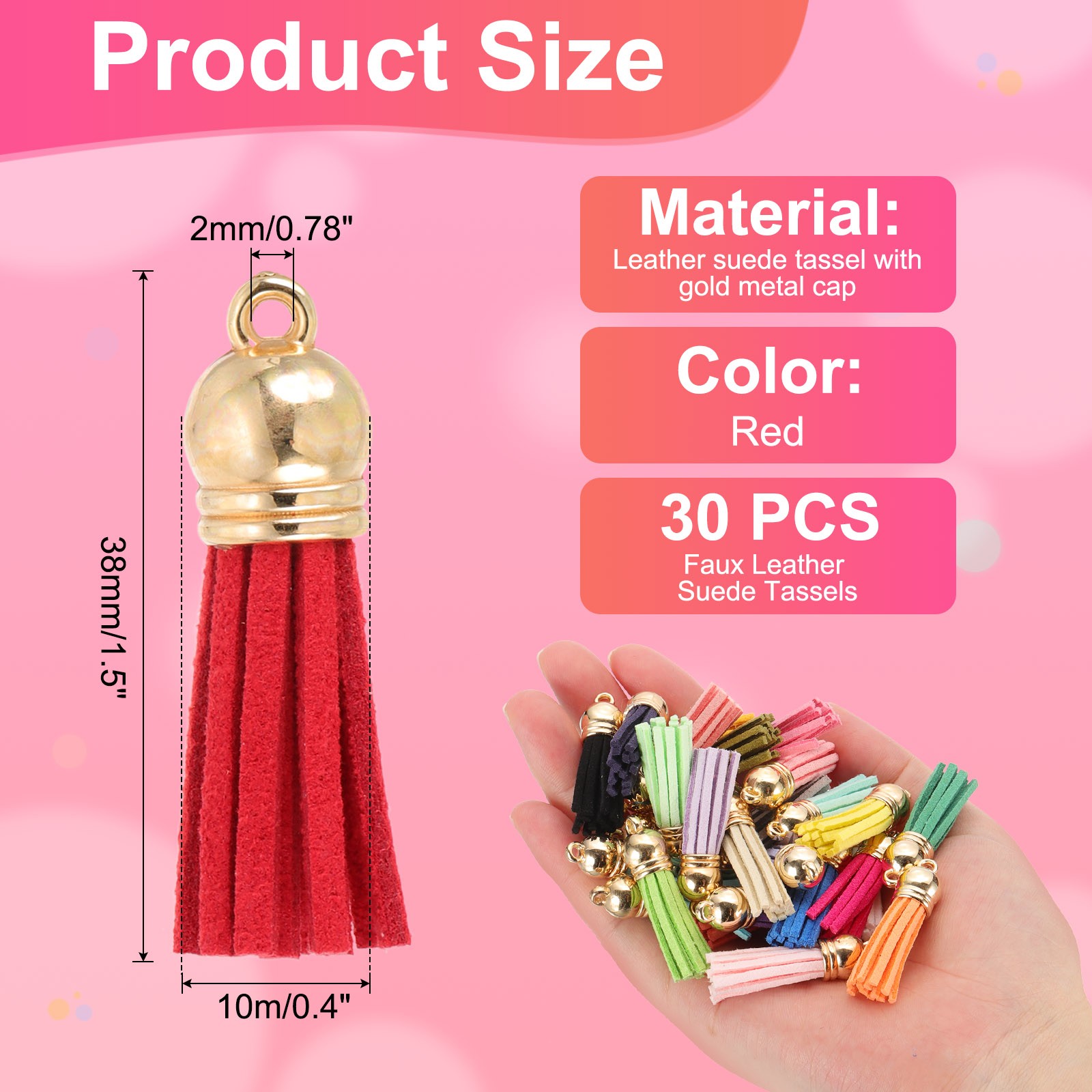 30Pcs Leather Tassels 1.5″ Faux Leather Suede Keychain for DIY Red