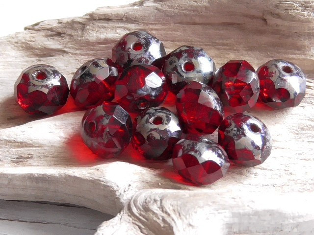 12 – 7x5mm CZECH TRANSPARENT RED METALLIC PICASSO FACETED FP RONDELLE GLASS BEAD